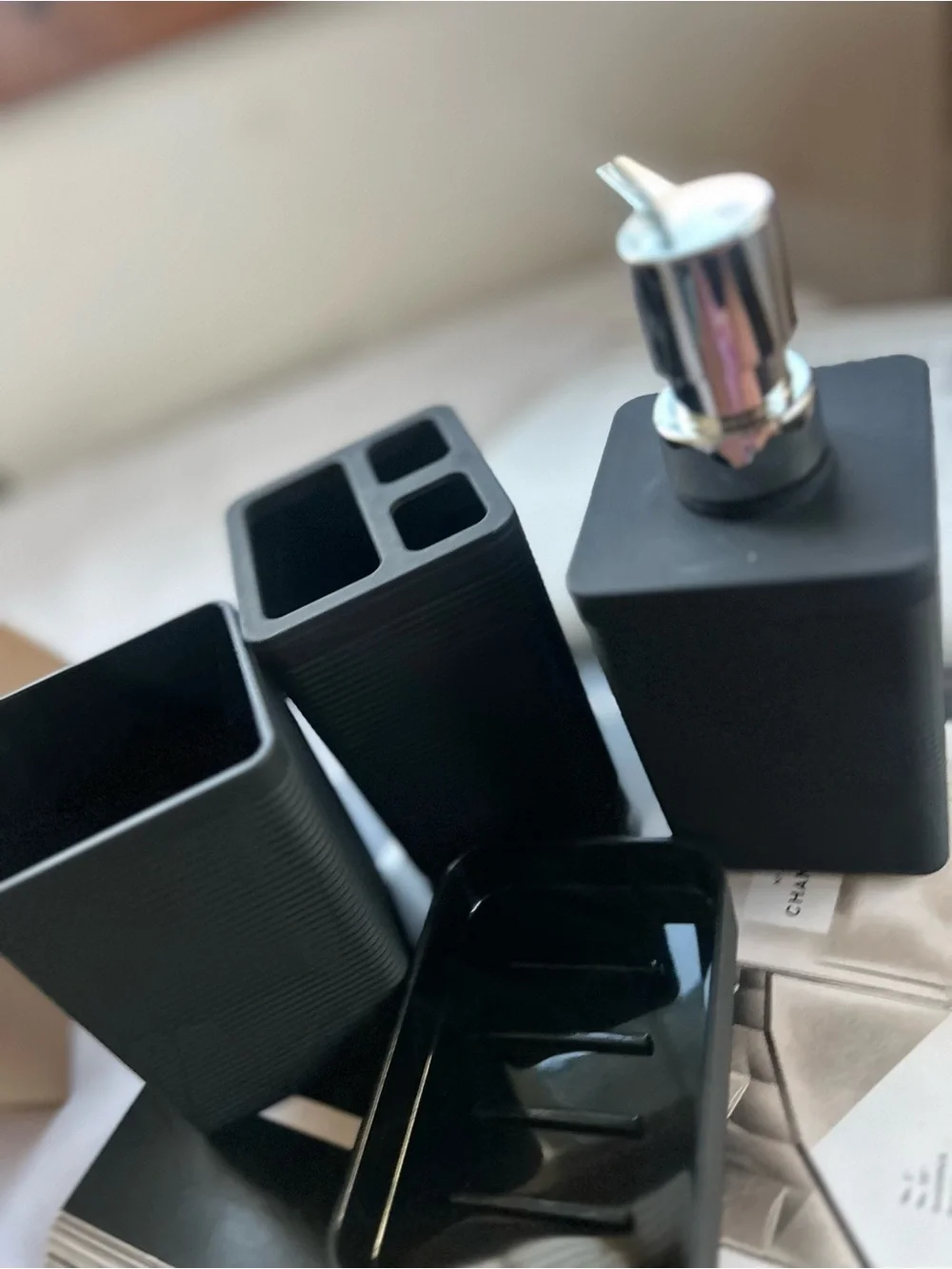 Black Ribbed Bathroom Accessory Set - 4 Piece